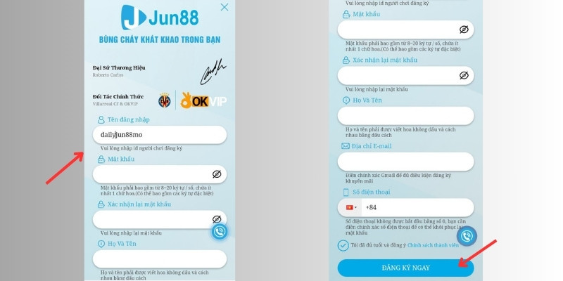 Nhập chính xác thông tin đăng ký trên app jun88.com