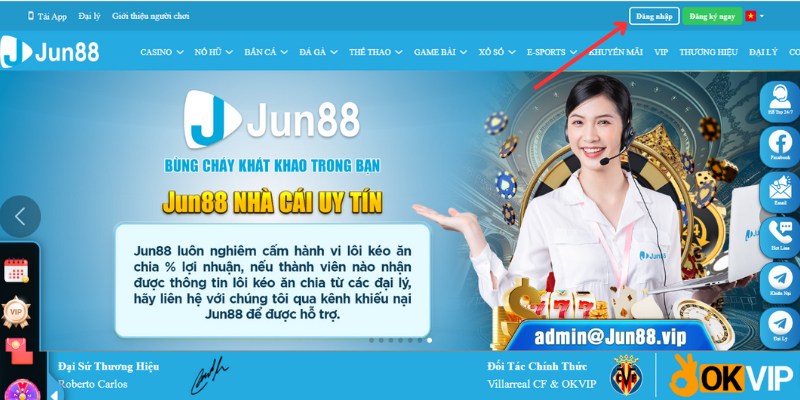 Chọn Đăng Nhập trên website chính thức của jun8868