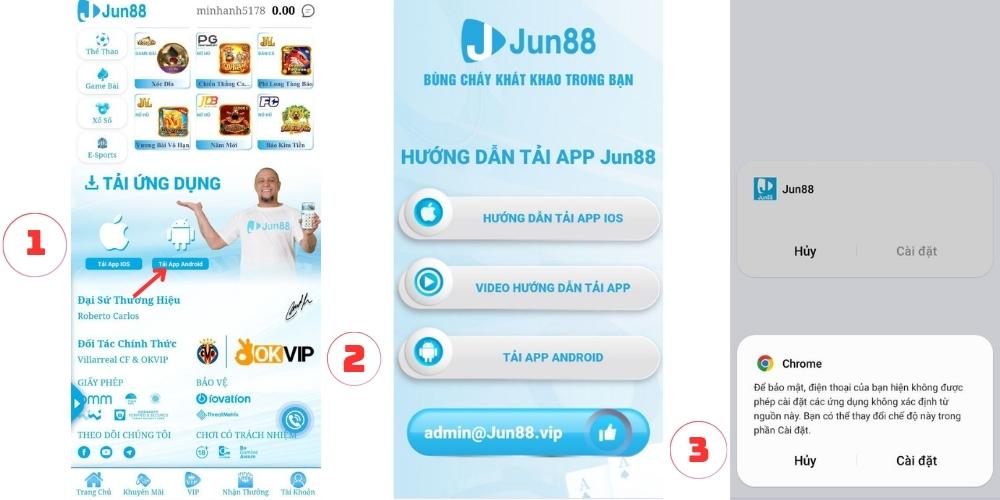 Minh họa 3 bước tải app Jun88 cho Android